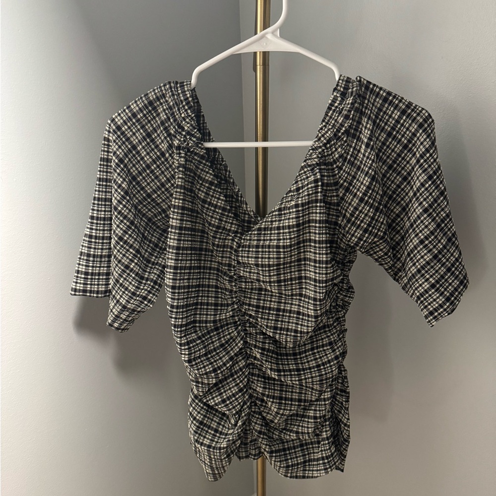 Ganni Ruched Checkered Blouse